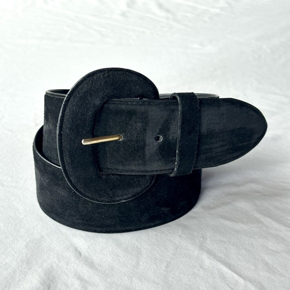 Vintage 90 Black Suede Wide Leather Belt Crown Pacific L 31.5" Large Buckle Boho